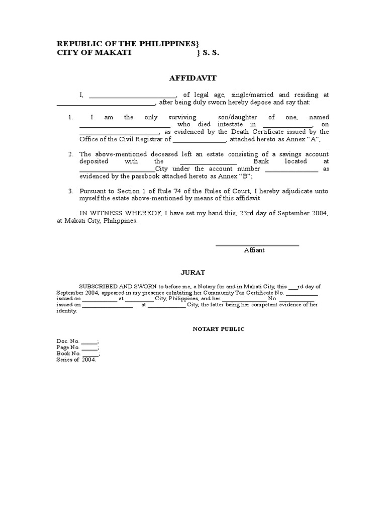 Affidavit of Adjudication by Sole Heir Simple PDF