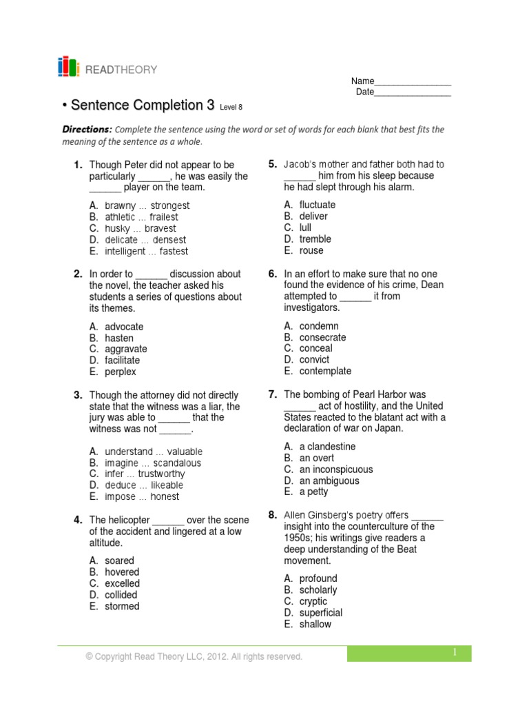 Level 8 Sentence Completion 3 Pdf Pdf Question Cognitive Science