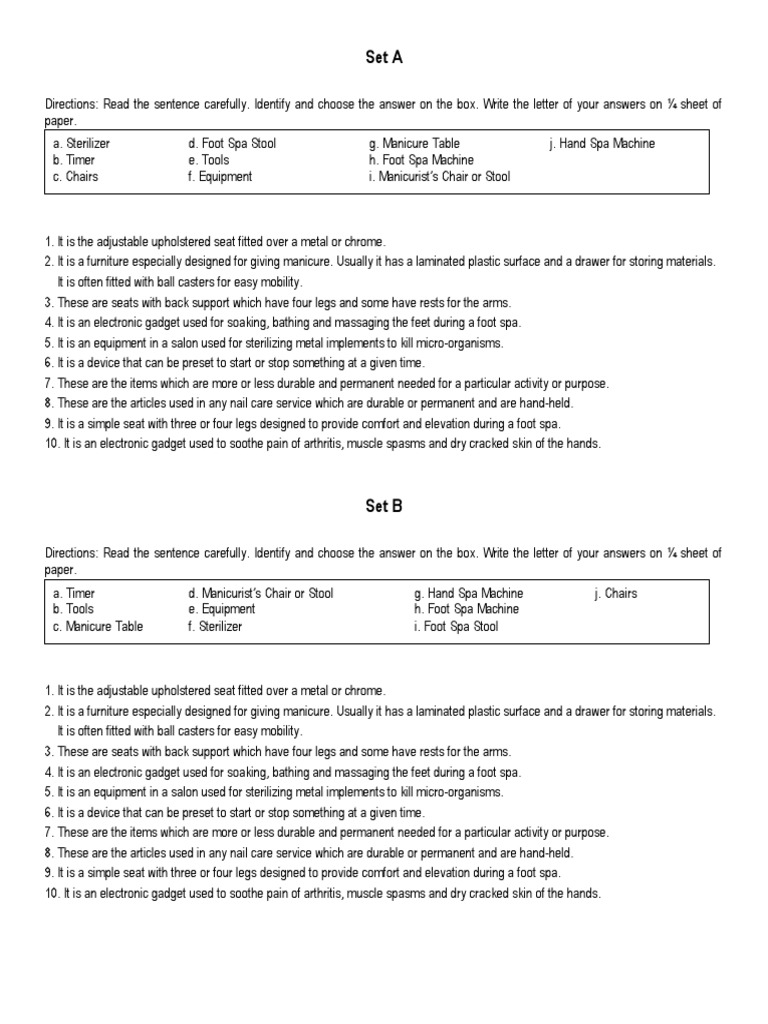 Nail Care Tools Exam | PDF | Chair | Spa