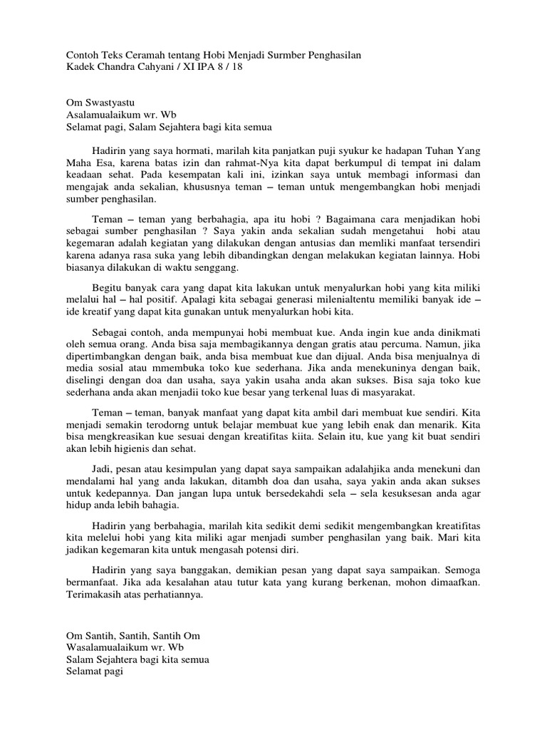 Contoh Teks Ceramah Tentang Hobi Menjadi Surmber Penghasilan
