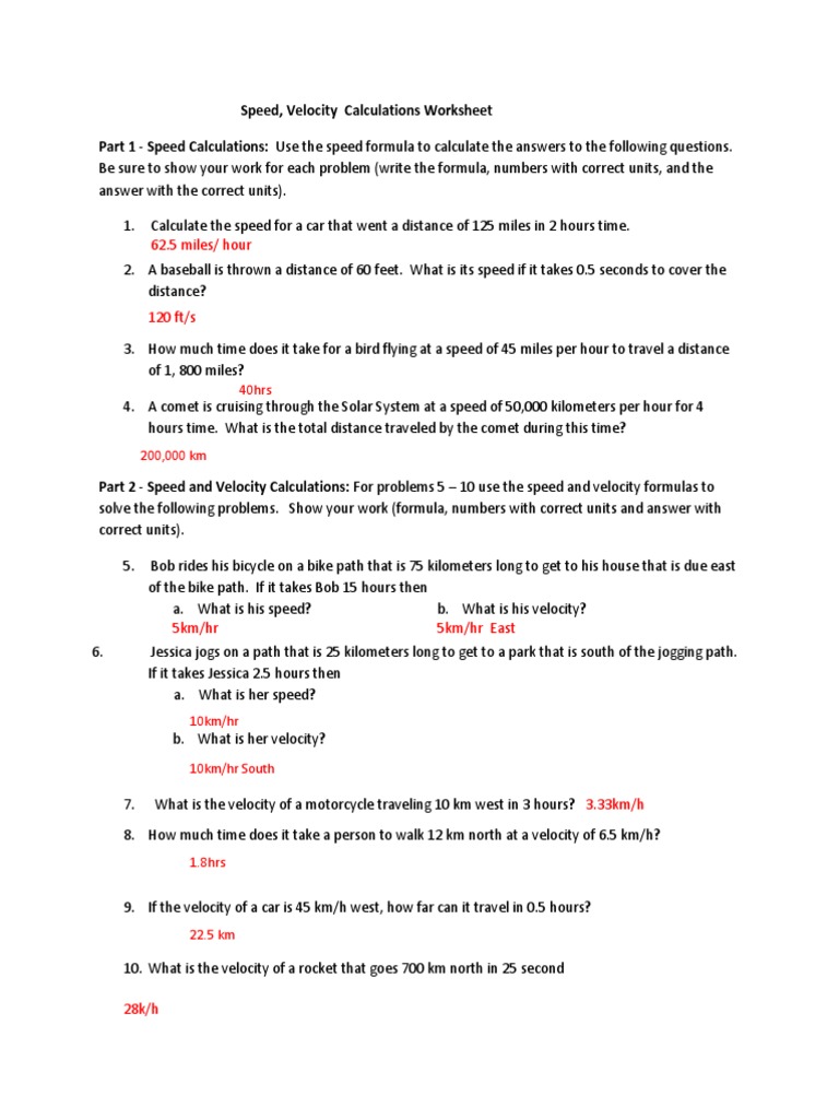 Speed And Velocity Worksheet Answer Key Docx