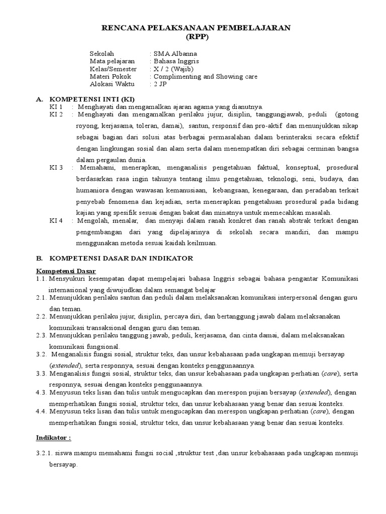 RPP Bahasa Inggris: Complimenting & Care | PDF