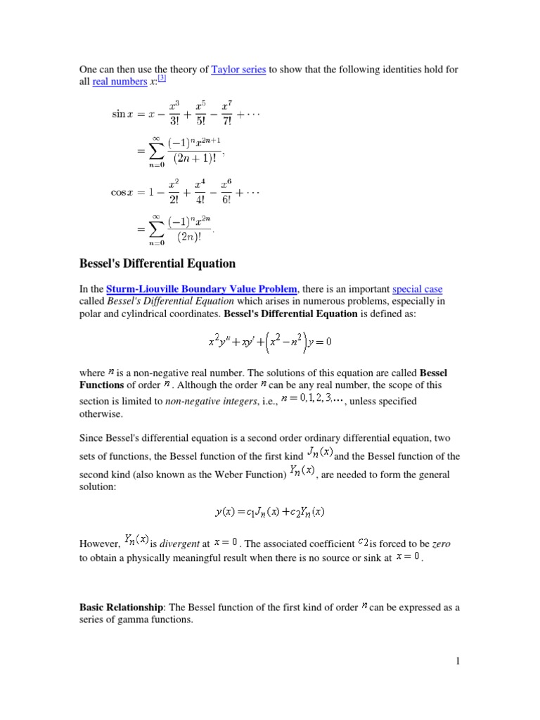 Bessel's Differential Equation Taylor Series Real Numbers PDF