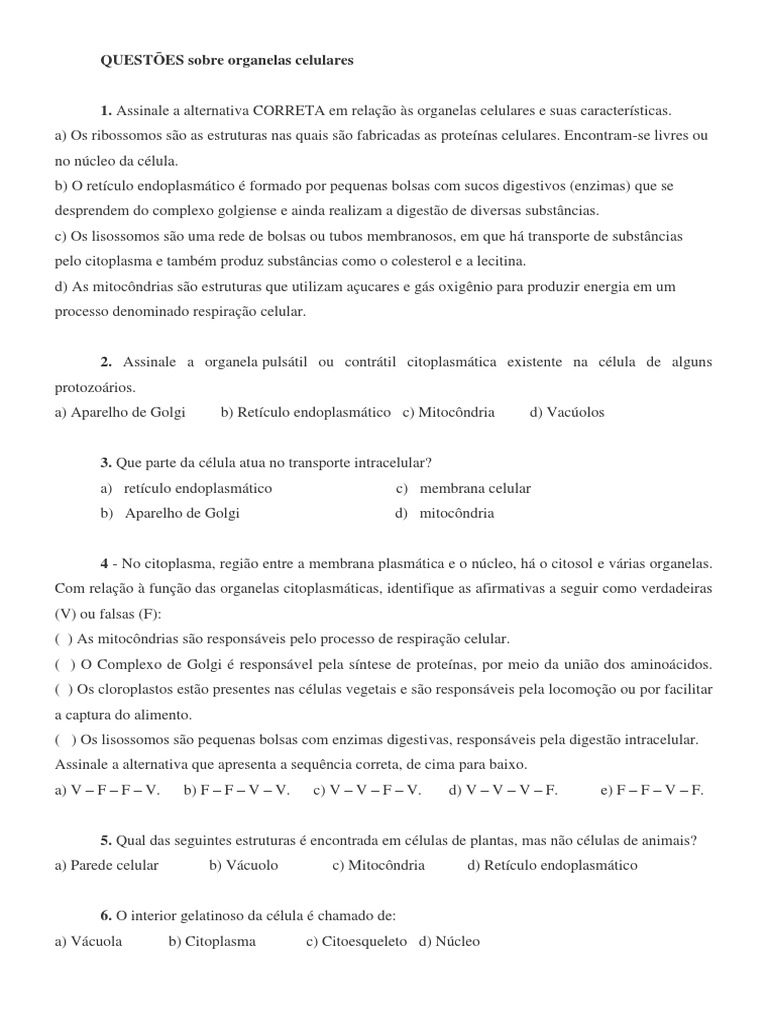 Questões sobre Organelas Celulares | PDF | Organelo | Citoplasma