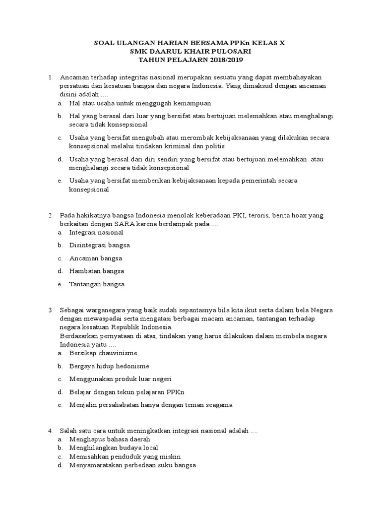 Soal Ulangan Harian Ppkn Smk Kelas X