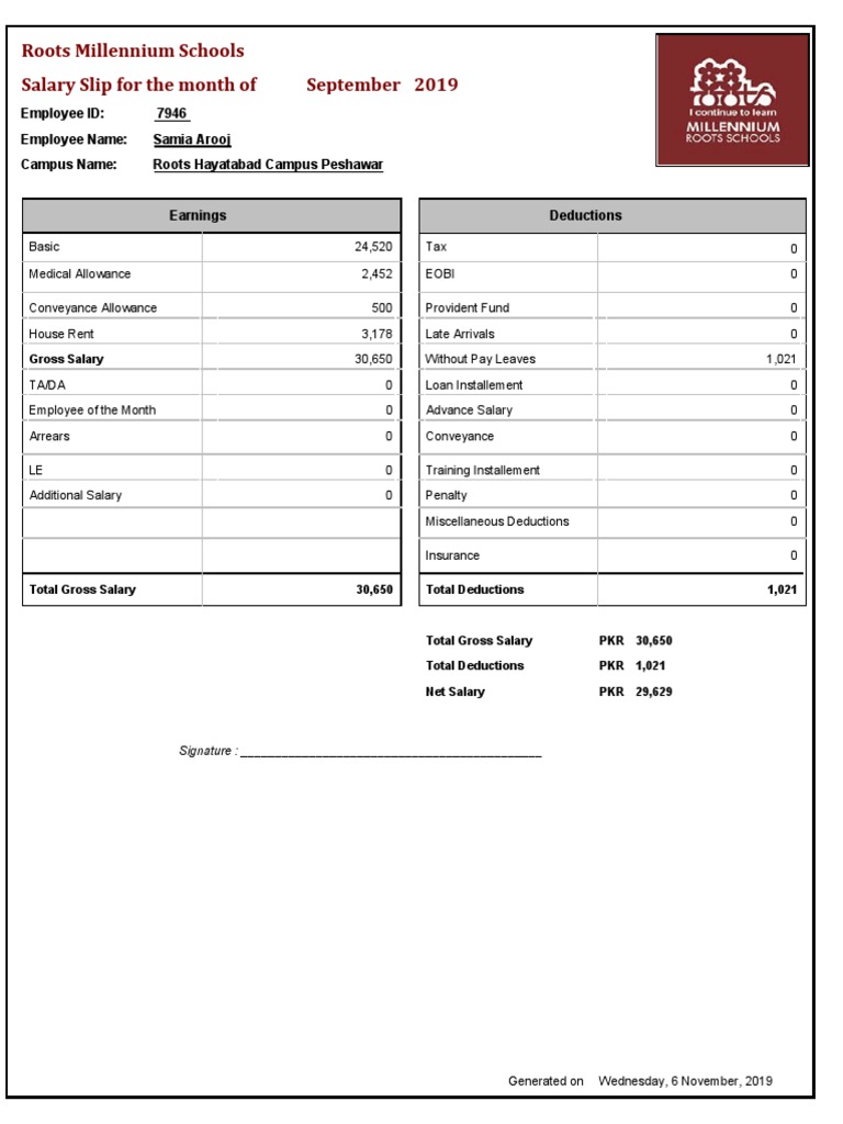 Roots Millennium Schools Salary Slip For The Month of September 2019