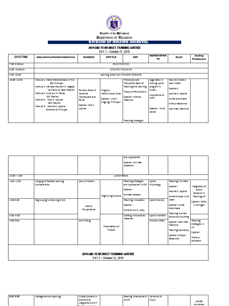 2019 Mid-Year Inset Matrix | PDF | Teaching Mathematics