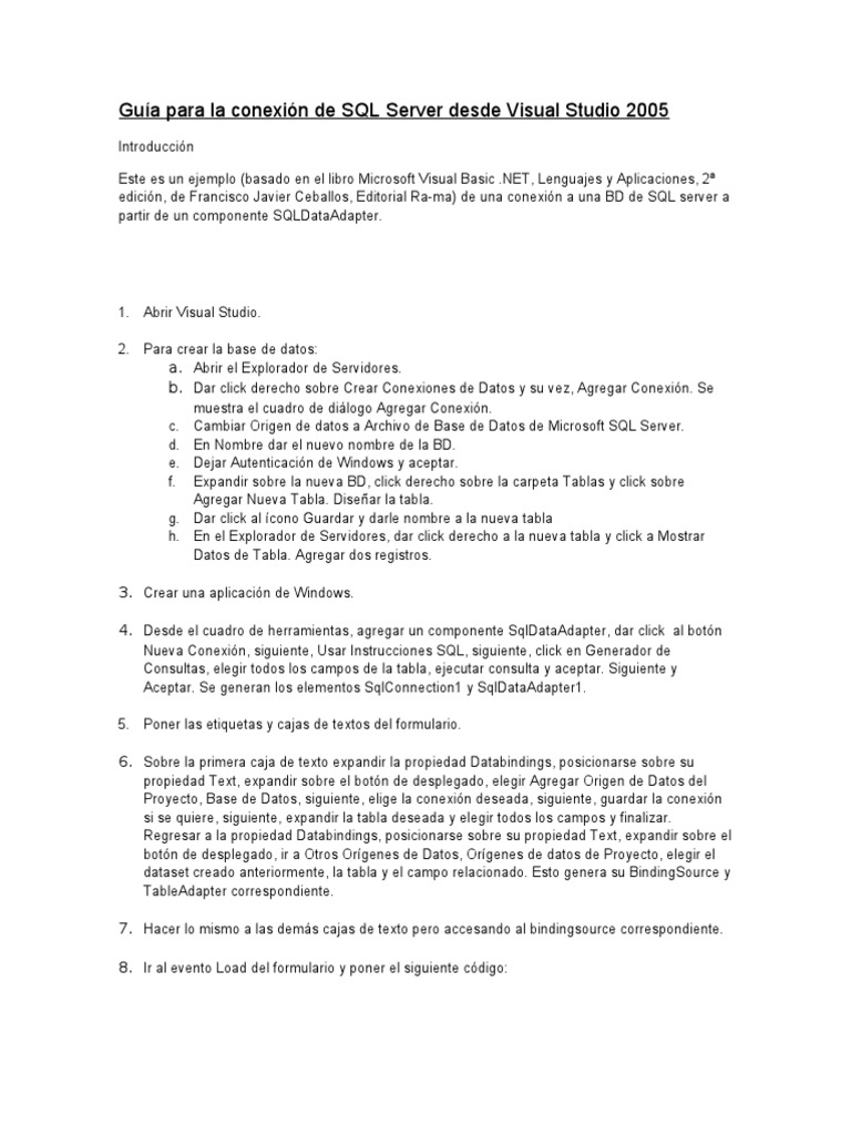 Conexión SQL Server en Visual Studio 2005 | PDF | Tabla (base de datos ...