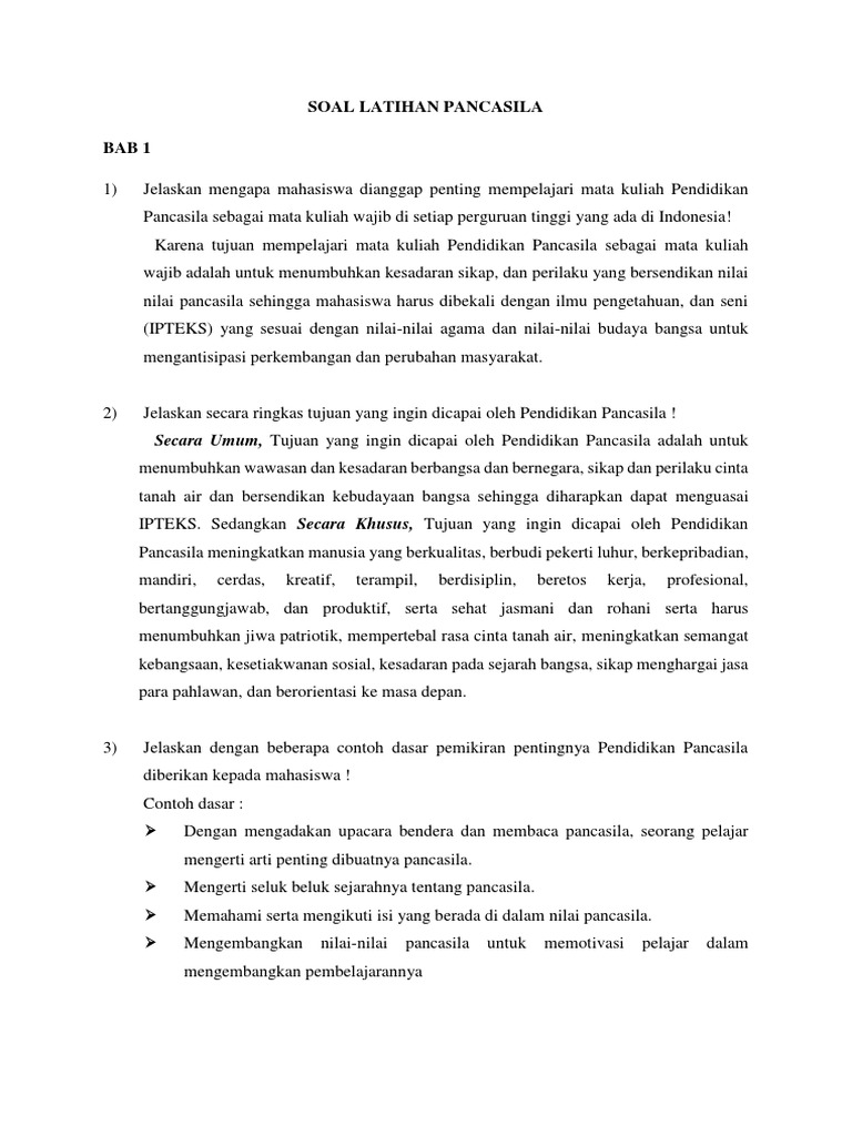 Soal Latihan Pancasila Bab 1 Secara Umum Tujuan Yang Ingin Dicapai Oleh Pendidikan Pancasila Adalah Untuk