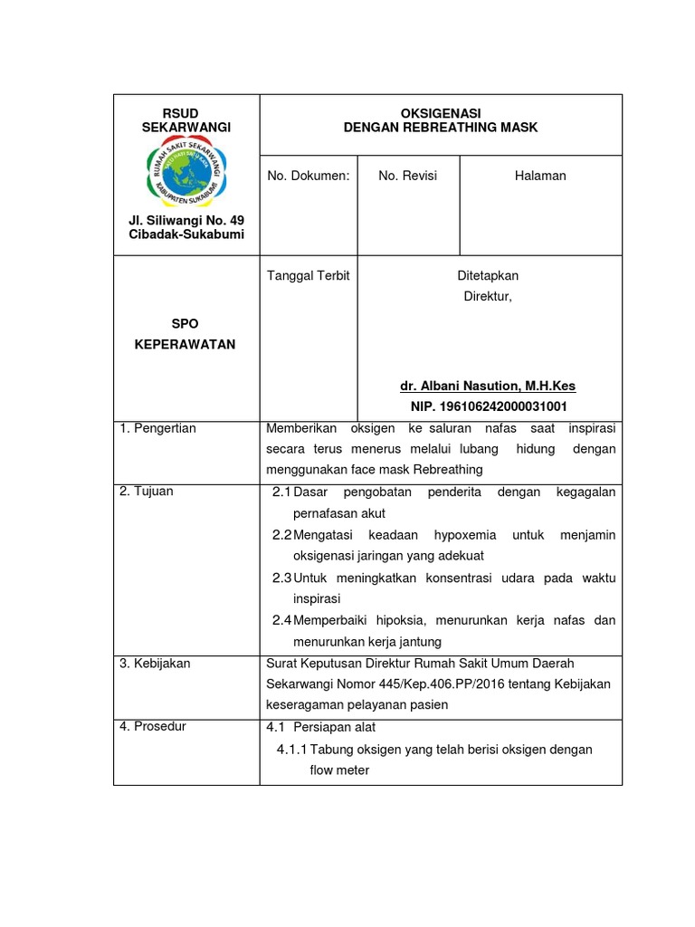 SOP Pemberian Oksigen dengan Rebreathing Mask | PDF