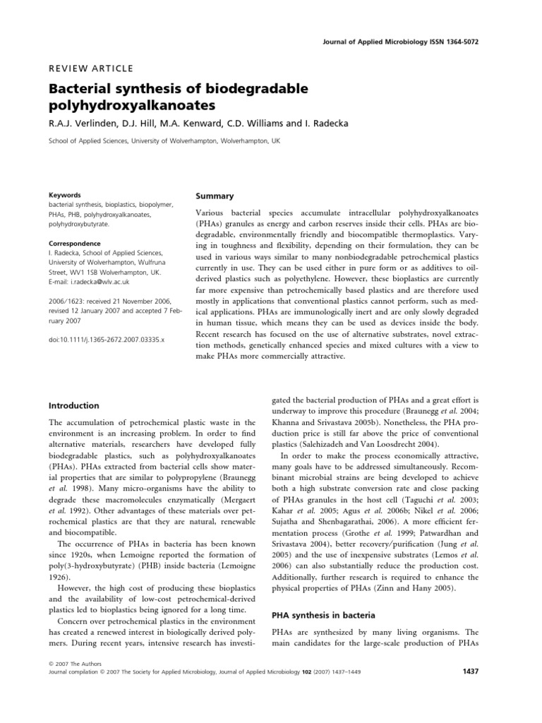 Bacterial Synthesis of Biodegradable Polyhydroxyalkanoates | PDF ...