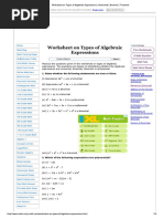 Worksheet On Types of Algebraic Expressions - Monomial - Binomial - Trinomial