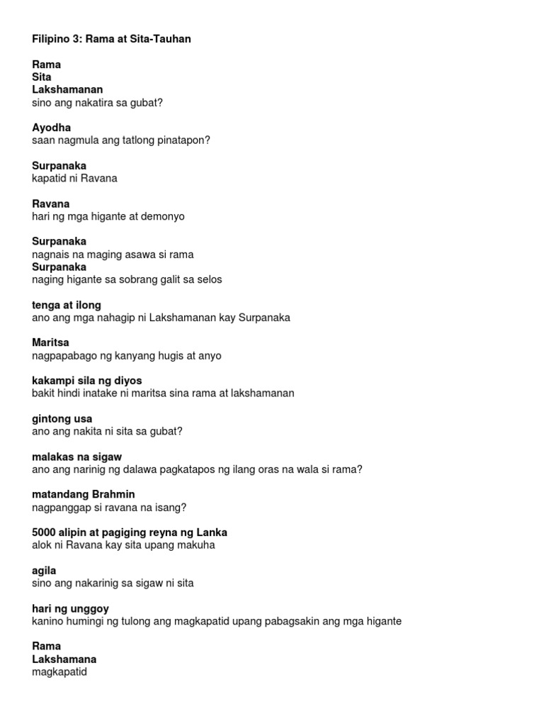 Quiz Sa Rama at Sita PDF