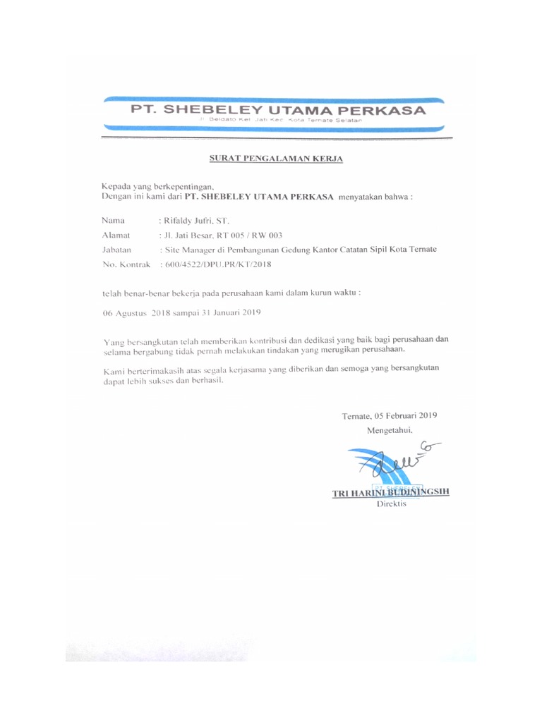 Contoh Surat Pengalaman Kerja Proyek PDF