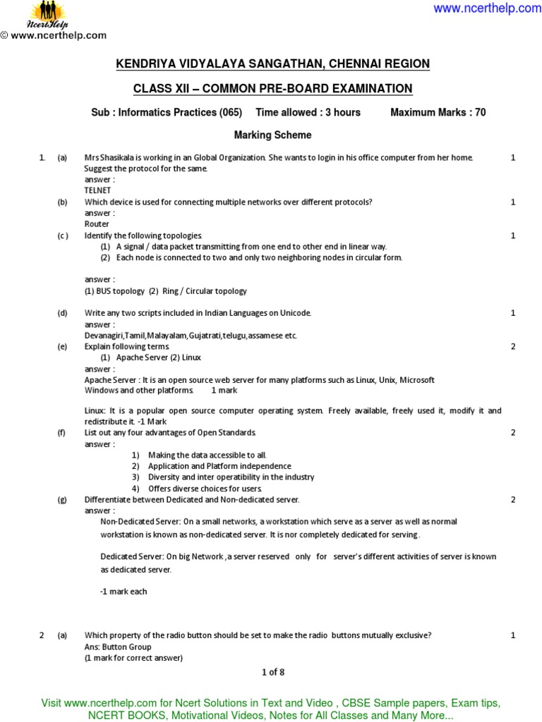 Solution of Question Paper For Class 12 IP | PDF | Network Topology ...