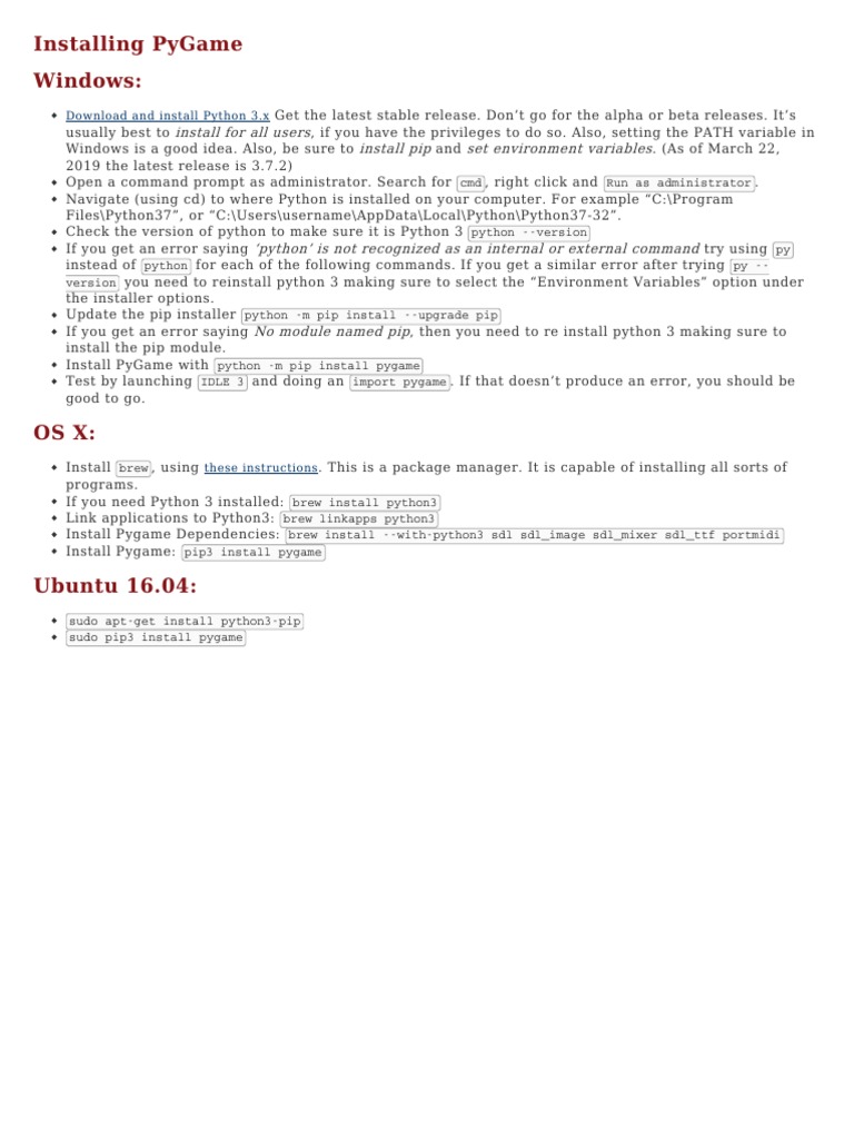 Installing Pygame Windows:: Install For All Users Install Pip Set ...