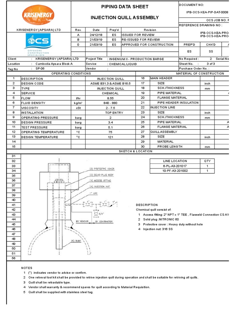 Data Sheet For Injection Quill Assembly PDF Pipe (Fluid Conveyance