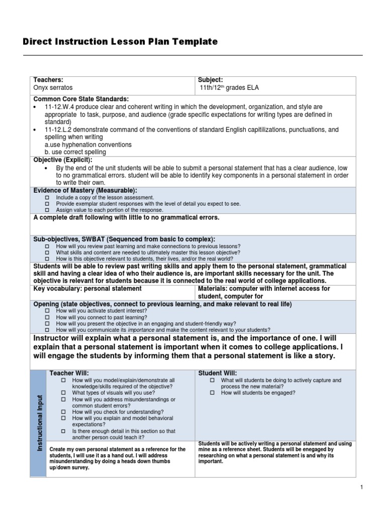 ELA Personal Statement Lesson Plan | PDF | English As A Second Or ...
