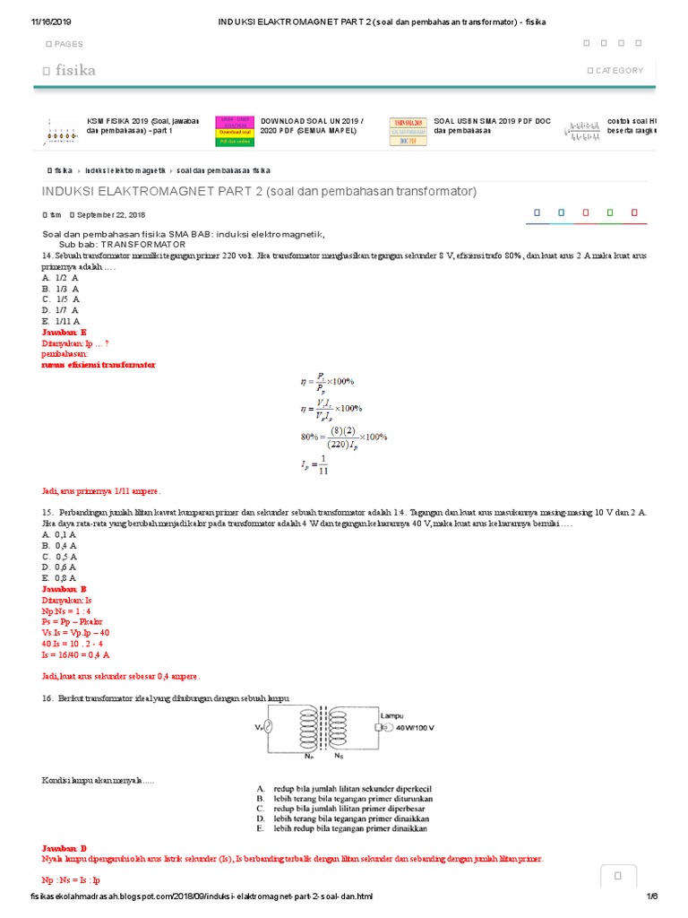 Induksi Elaktromagnet Part 2 Soal Dan Pembahasan Transformator Fisika