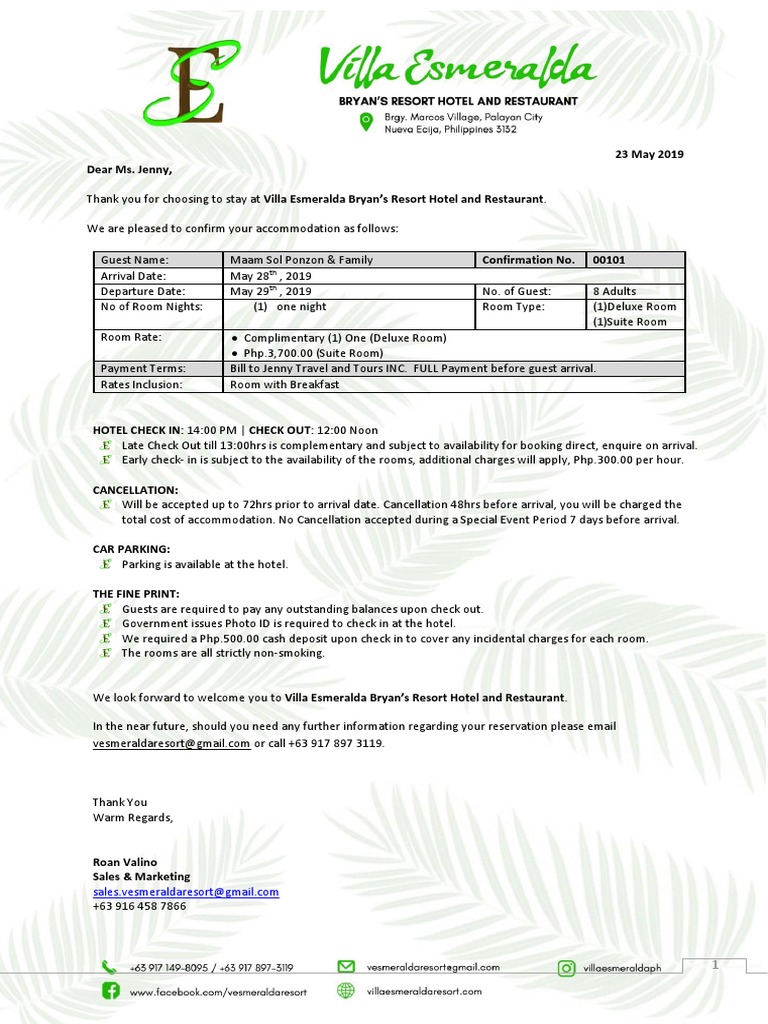Hotel Confirmation Letter PDF Hotel Service Industries