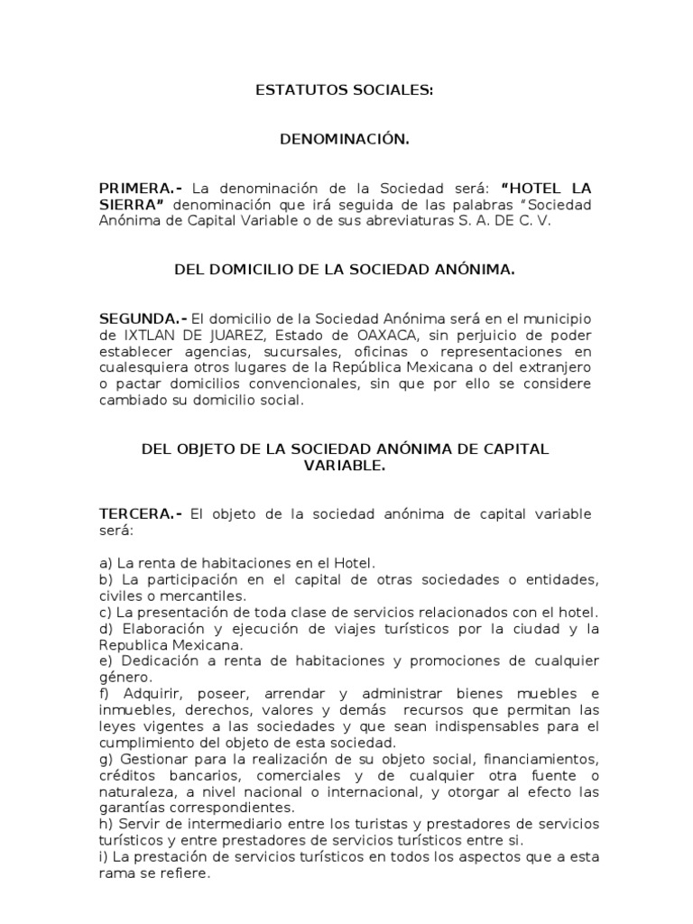 Acta Constitutiva Hotel La Sierra Sa de Cv