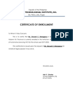 Certificate of Enrollment for Vincent C. Manggayo at Ifugao Technological Institute