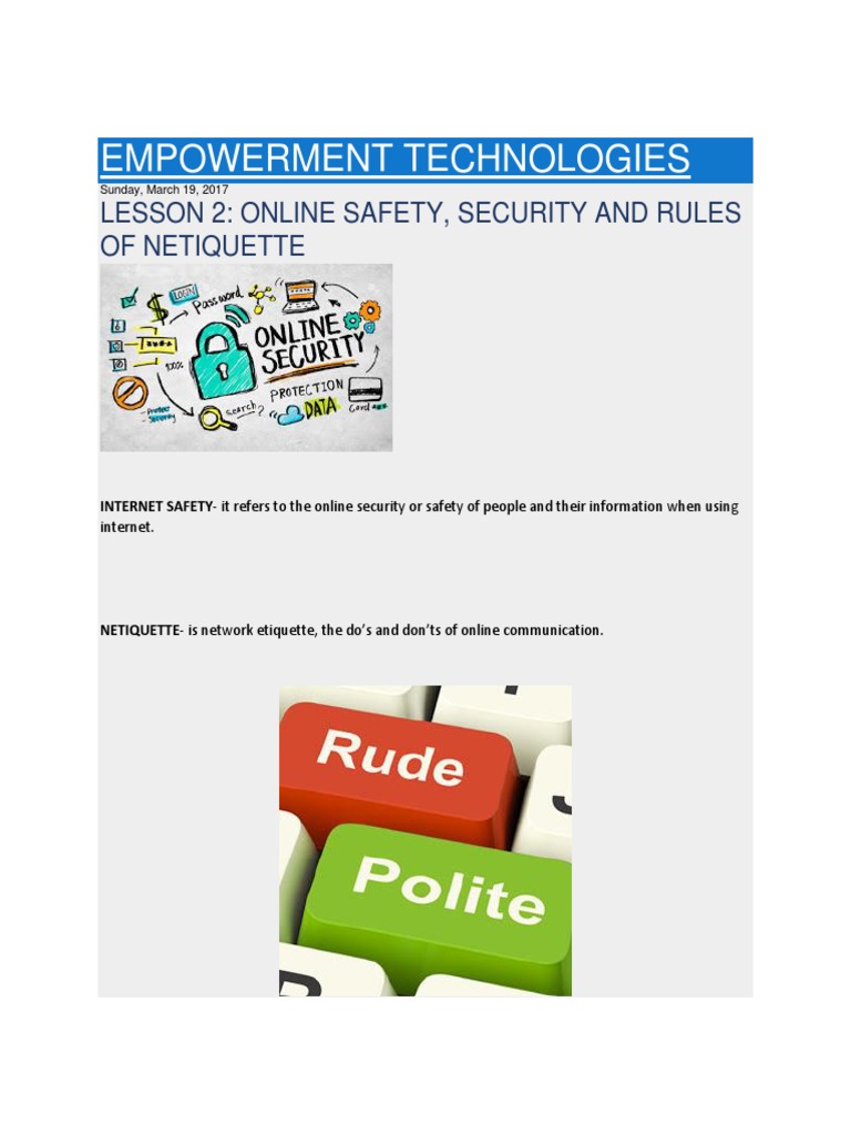 Empowerment Technologies Lesson 2 Online Safety, Security and Rules