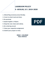 Classroom Policy 11 HUMSS-AEOLUS, S.Y. 2019-2020: Riza C. Solinap Class Adviser