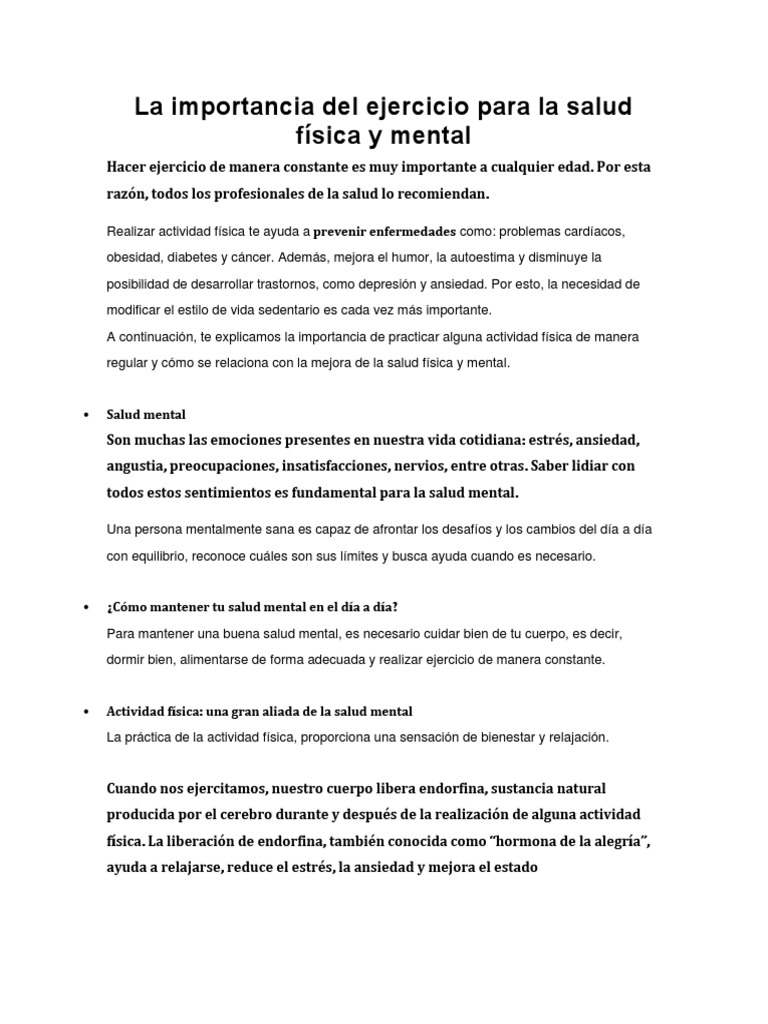 La Importancia Del Ejercicio para La Salud Física y Mental | PDF ...