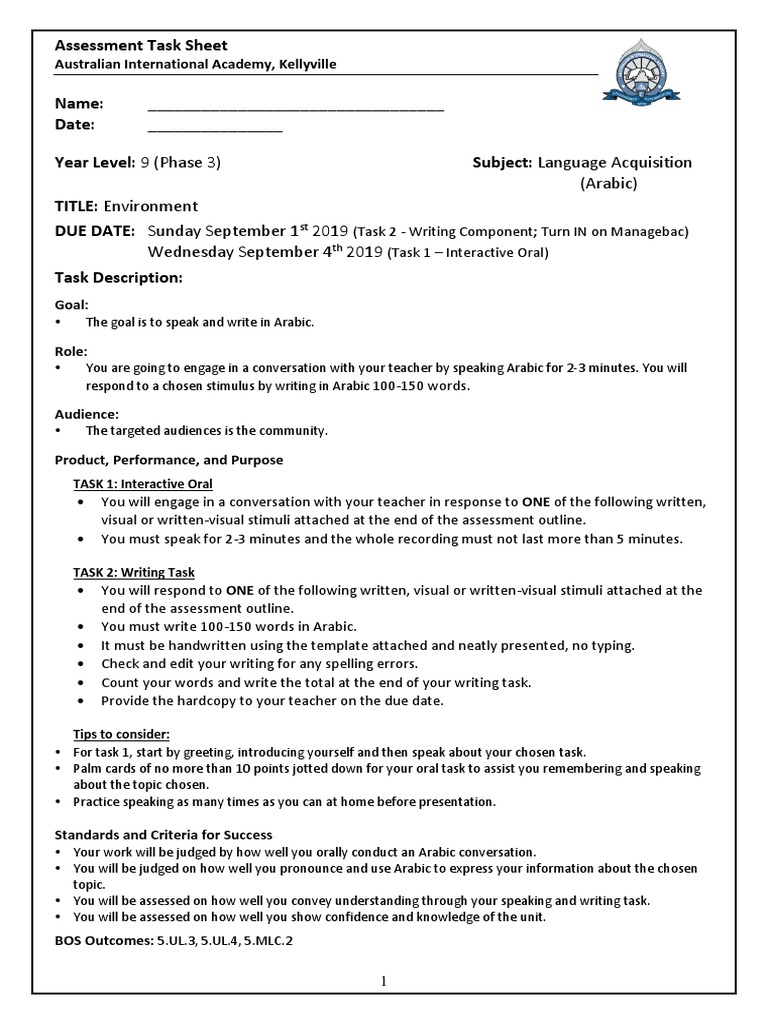 Assessment Task Sheet Australian International Academy, Kellyville