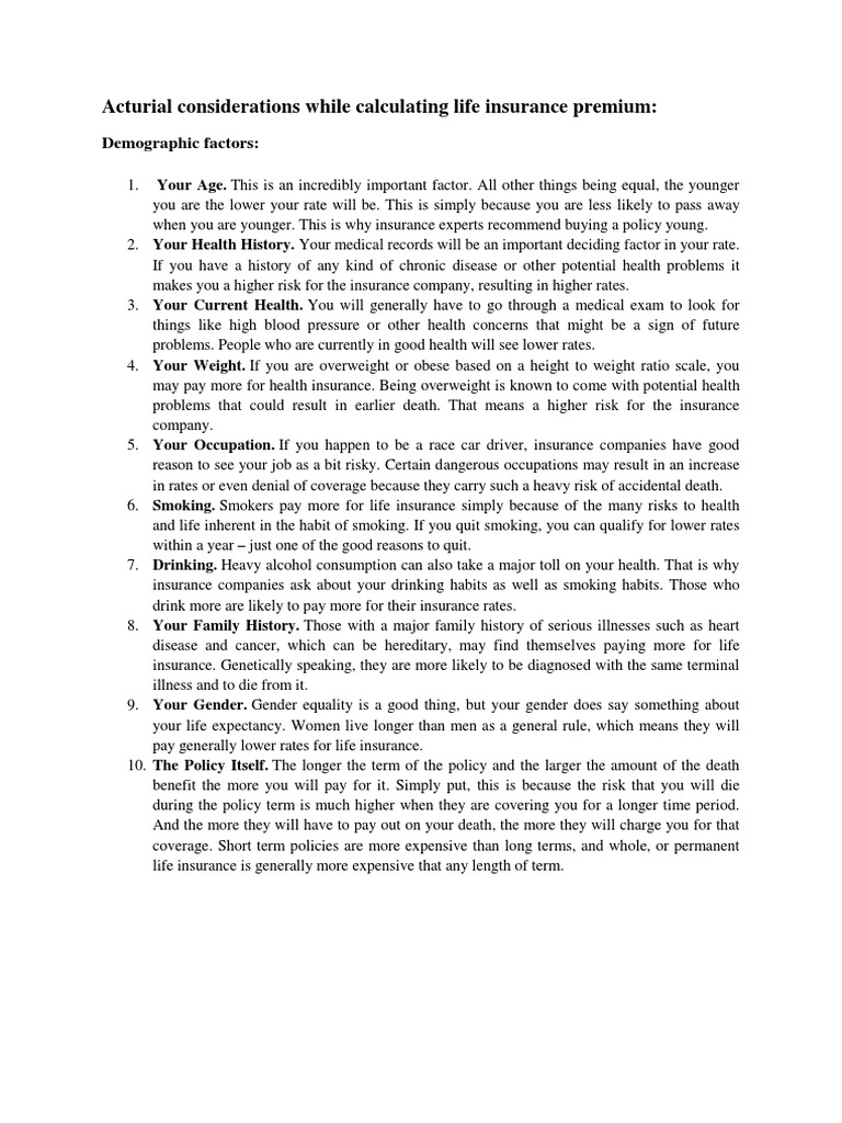 Acturial Considerations While Calculating Life Insurance Premium | PDF ...