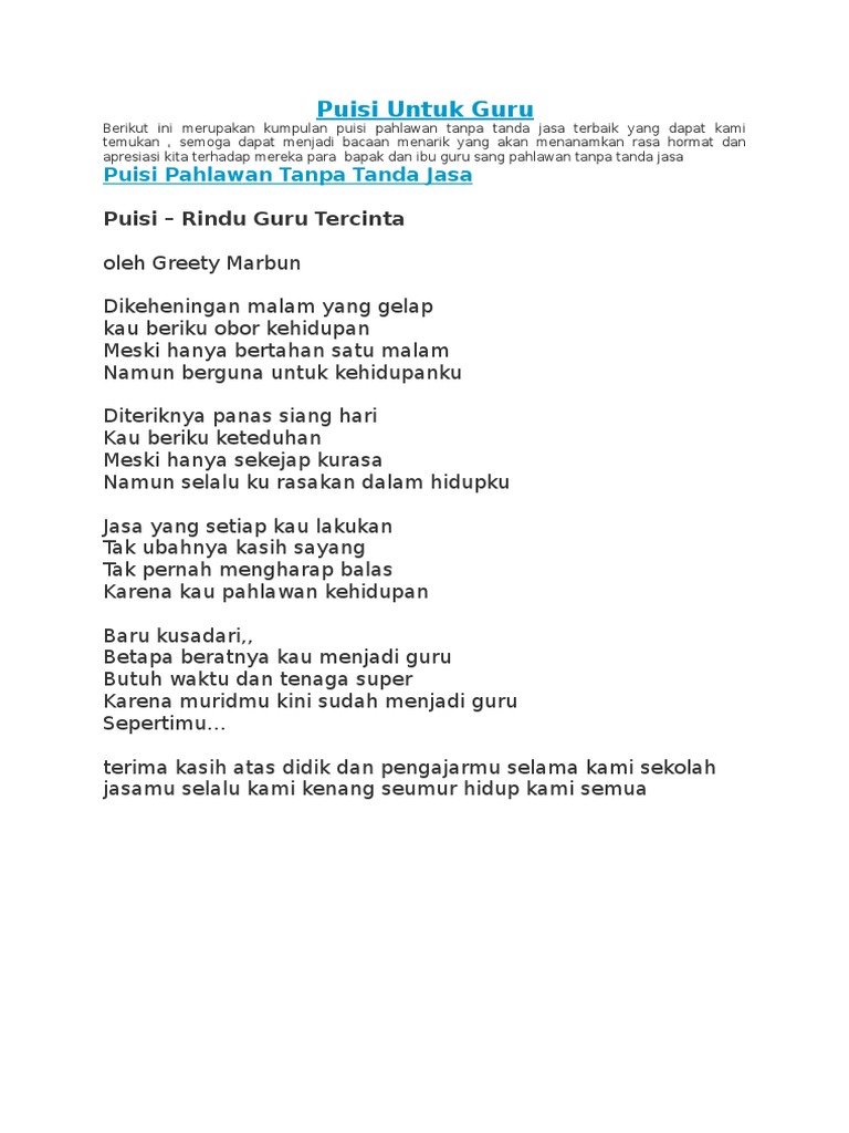Puisi Untuk Guru Puisi Pahlawan Tanpa Tanda Jasa