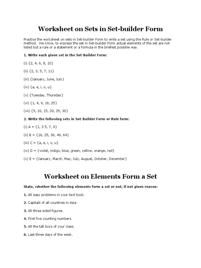 Worksheet On Sets in Set  PDF  Numbers  Mathematical Concepts Throughout Set Builder Notation Worksheet