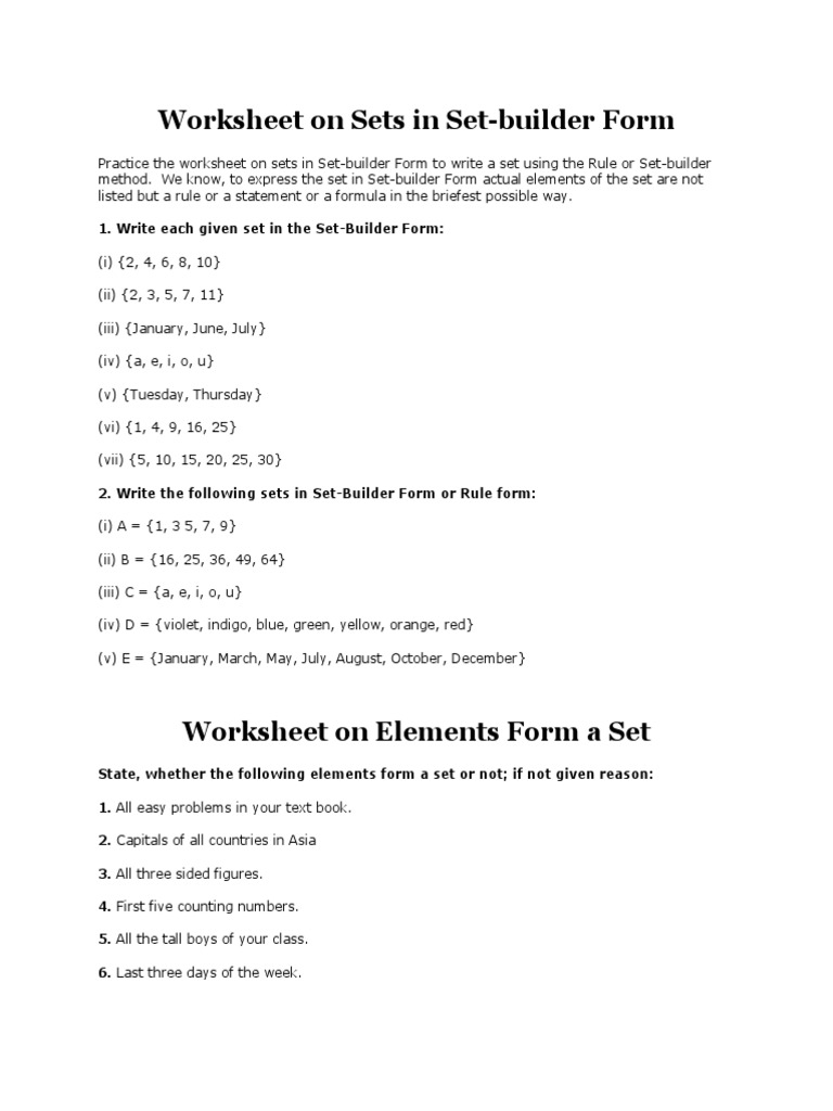Worksheet On Sets in Set  PDF  Numbers  Mathematical Concepts Throughout Set Builder Notation Worksheet