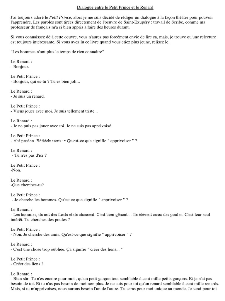 Dialogue Entre Le Petit Prince Et Le Renard Pdf Le Petit Prince