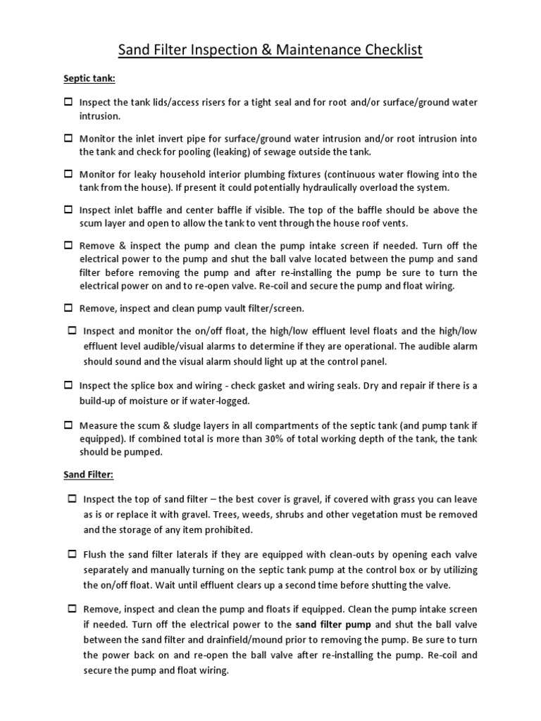 Sand Filter Inspection & Maintenance Checklist Septic Tank PDF