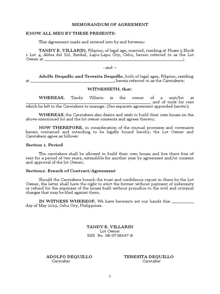 Caretaker Agreement Memorandum | PDF | Contract Law | Common Law