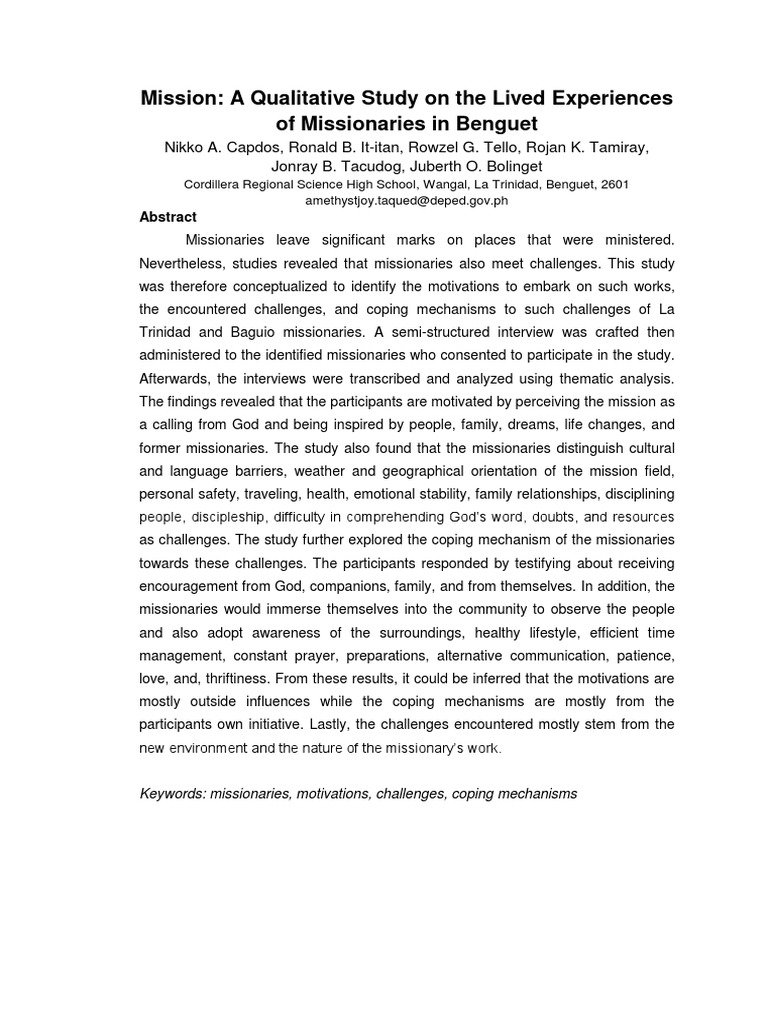 Missionaries' Experiences in Benguet | PDF | Cross Cultural ...