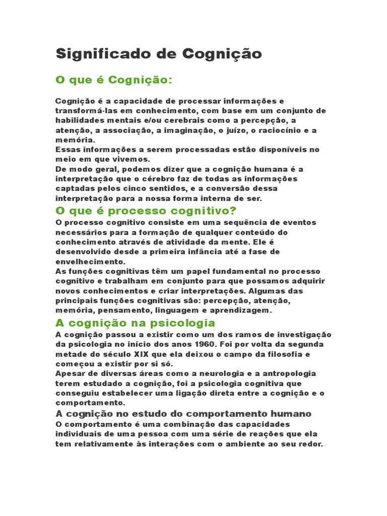 Significado de Cognição | PDF | Aprendizado | Processos mentais