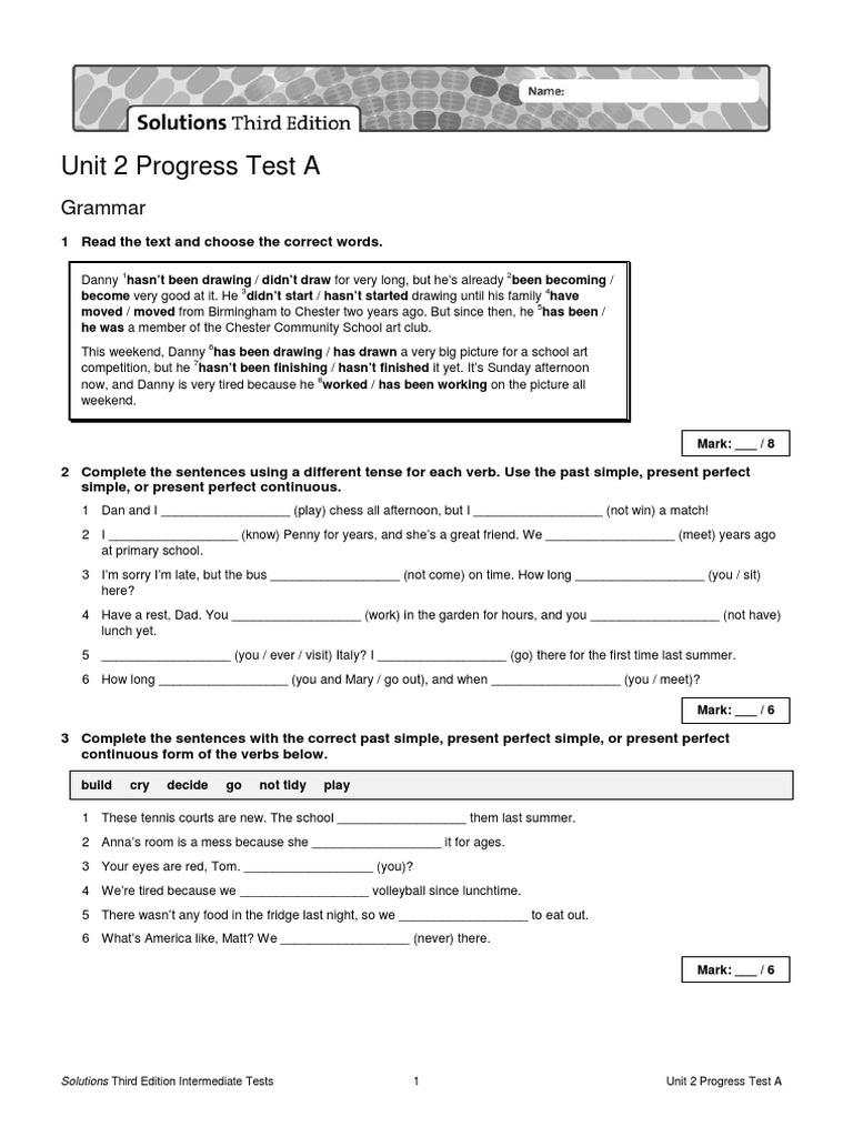 Oxford Solutions Pre Intermediate Test Unit 2