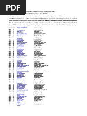 A Comprehensive Listing of Motion Picture Association of America  Certificate Numbers from 1934 to an Unknown Date, with Associated Movie  Titles