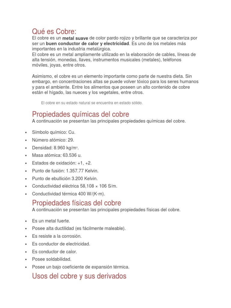 Usos y propiedades del cobre | PDF | Bronce | Cobre