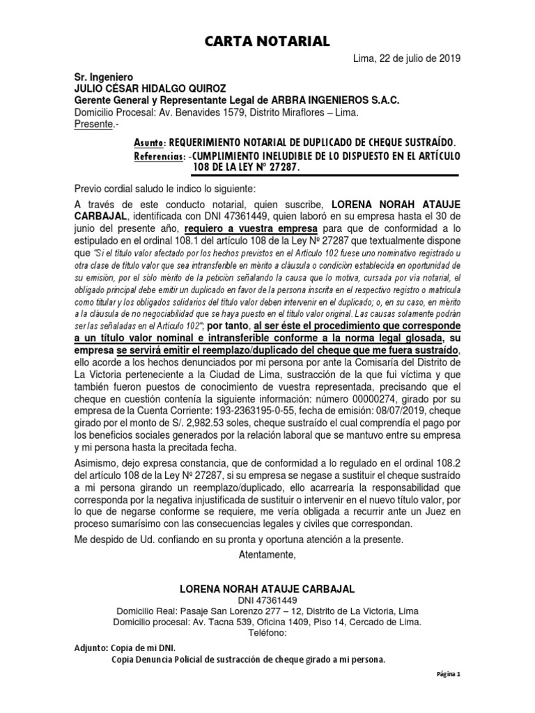 Carta Notarial - Lorena Hija | PDF | Cheque | Justicia