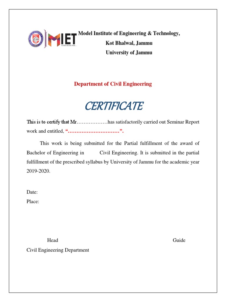Civil Engineering Seminar Report Certificate | PDF | Technology ...