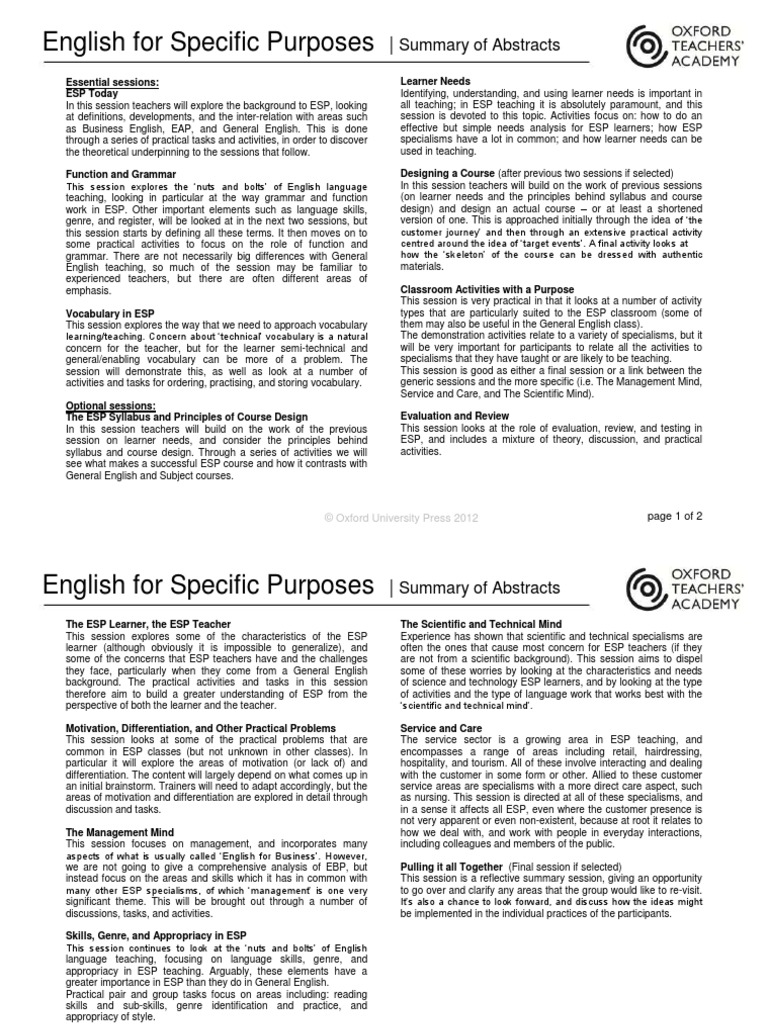 English For Specific Purposes Summary – OVVAXC