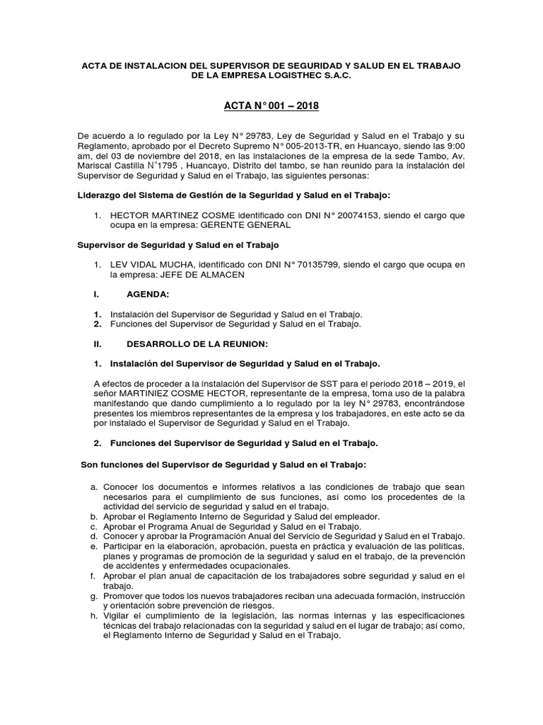Acta de Instalación del Supervisor SST | PDF | Seguridad y salud ...