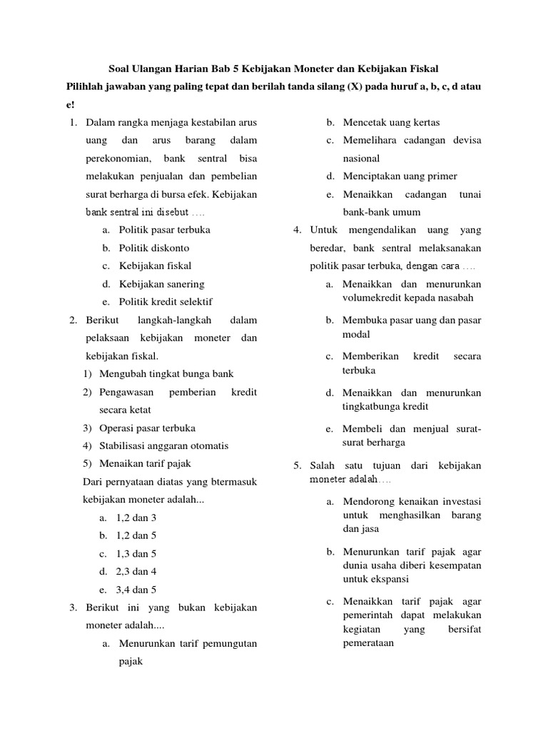 Soal Ulangan Harian Bab 5 Kebijakan Moneter Dan Kebijakan Fiskal