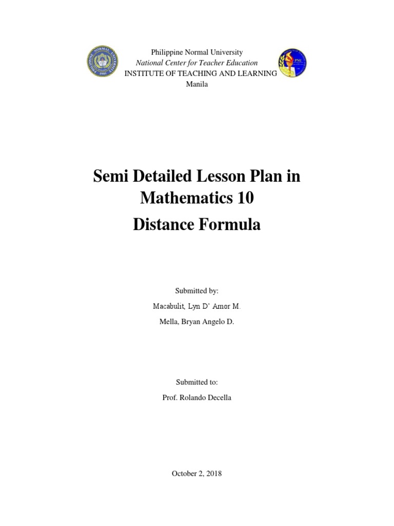 Semi Detailed Lesson Plan In Mathematics 10 Distance Formula PDF