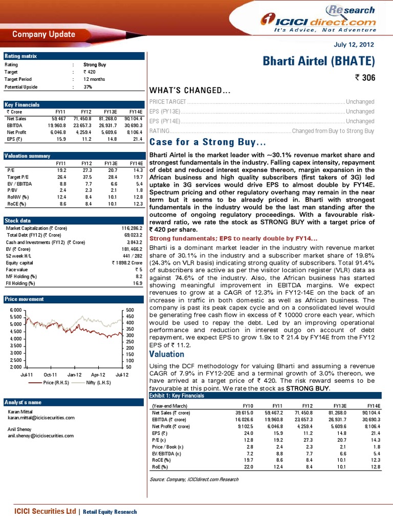 Bharti Airtel (BHATE) : Case For A Strong Buy | PDF | Discounted Cash ...
