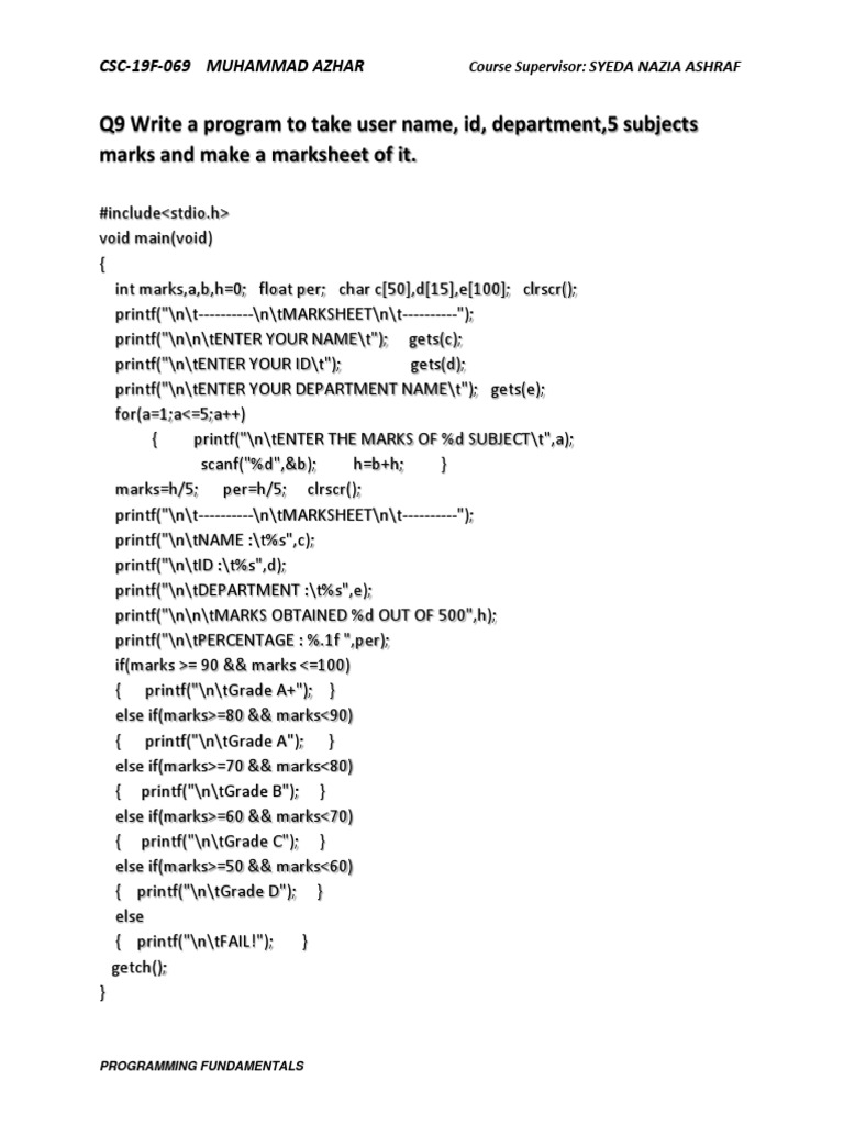 Q9 Write A Program To Take User Name, Id, Department, 5 Subjects Marks ...